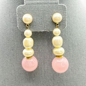 Vintage Layered Pink and Cream Faux Pearl Stud Dangle Earrings Classic Romantic